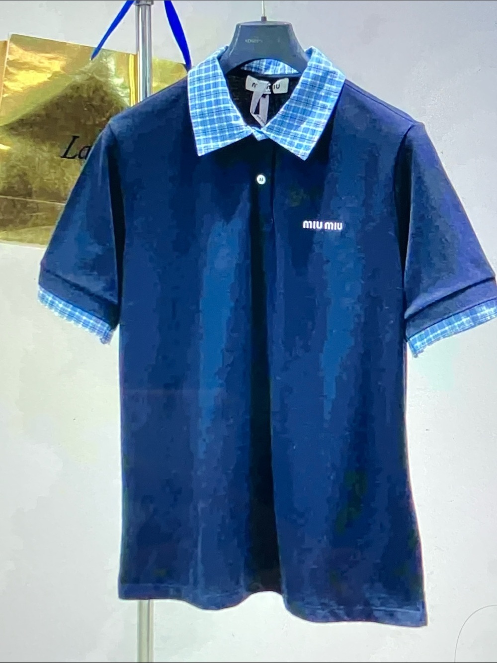 Miu Miu Navy Polo with Light Blue Plaid Collar and Trim